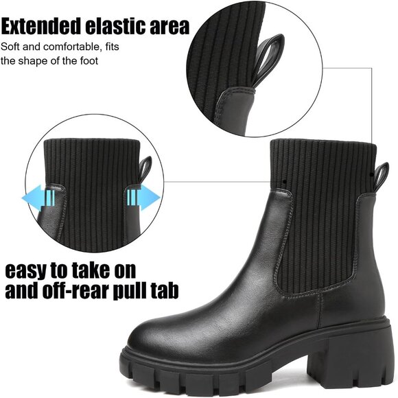 BKWHDAY Women's Black Chelsea Platform Ankle Boots Fashion Chunky Heel - Picture 4 of 7